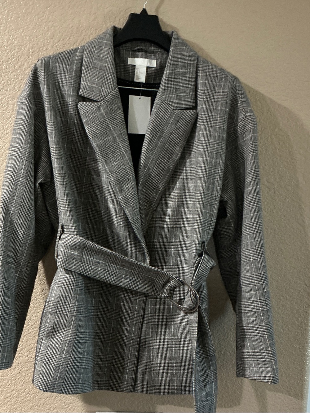 H&M Gray Plaid Belted Blazer Jacket